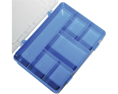 Boîte d''assortiment bleue avec compartiments et couvercle transparent