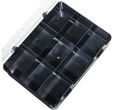 Boîte de rangement noire avec couvercle transparent et compartiments