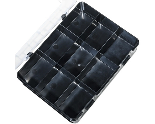 Boîte de rangement noire avec couvercle transparent et compartiments