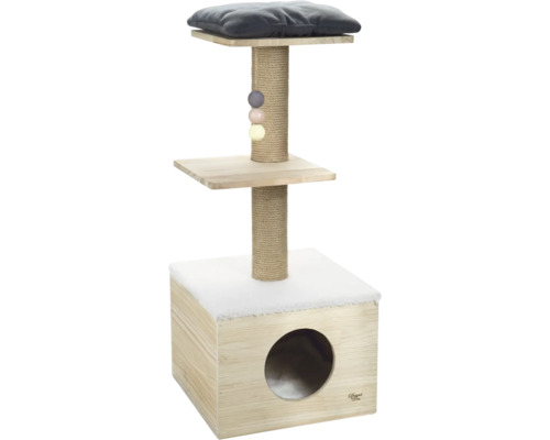 Grattoirs Designed by Lotte arbre à chats Kamina env. 40 x 40 x 50 cm 3 niveaux avec cavités à chats XL bois véritable et lit pour chats amovible, gris et beige Arbre à chat avec surfaces de couchage, poteaux à griffer et jouets