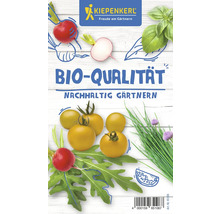 Logo Kiepenkerl. Sachet de semences avec qualité biologique et le slogan jardiner durablement, illustré avec des radis, du basilic, des tomates jaunes, de la roquette et de la ciboulette