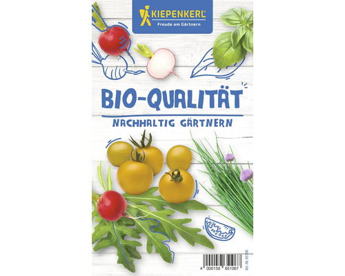 Logo Kiepenkerl. Sachet de semences avec qualité biologique et le slogan jardiner durablement, illustré avec des radis, du basilic, des tomates jaunes, de la roquette et de la ciboulette