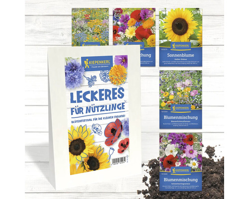 Blumensamen von Kiepenkerl, darunter Sonnenblumen und Blumenmischungen für Bienen und Schmetterlinge