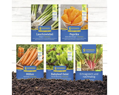 Abbildung verschiedener Samentüten von Kiepenkerl: Lauchzwiebel, Paprika, Karotte, Babyleaf Salat und Mangold.