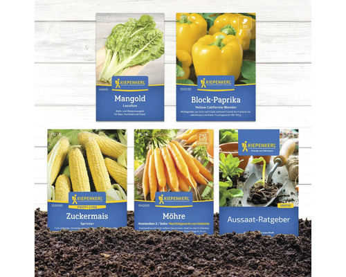 Image de différentes semences de Kiepenkerl : Bette à carde, poivron bloc, maïs doux, carotte et guide de semis.