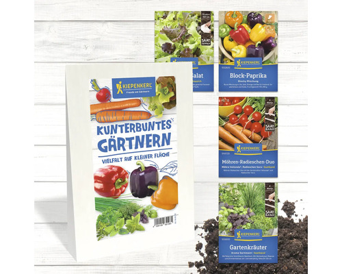 Abbildung von Saatgutpackungen, darunter Salatsamen, Paprikasamen, Möhren-Radieschen-Samen und Gartenkräutersamen von Kiepenkerl