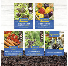 Verschiedene Kiepenkerl Saatgutpackungen für Babyleaf Salat, Block Paprika, Möhren Radieschen Duo, Gartenkräuter und Aussaat Ratgeber