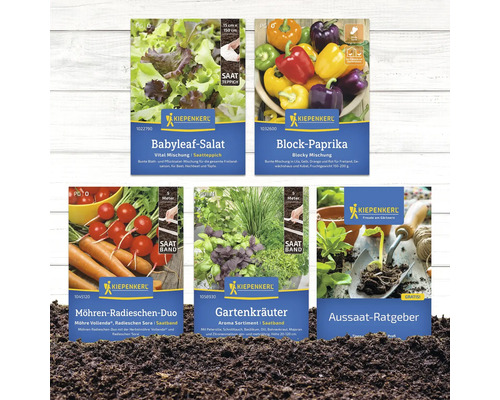Verschiedene Kiepenkerl Saatgutpackungen für Babyleaf Salat, Block Paprika, Möhren Radieschen Duo, Gartenkräuter und Aussaat Ratgeber