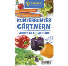 Kiepenkerl Logo. Abbildung von Radieschen, Karotten, Salat, Paprika, Schnittlauch, Petersilie, Dill und Basilikum. Kunterbuntes Gärtnern, Vielfalt auf kleiner Fläche.