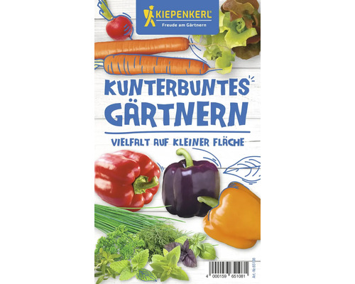 Gemüsesamen-Set Kiepenkerl 'Kunterbuntes Gärtnern', 4 Packungen Salat, Blockpaprika, Möhre-Radieschen-Kombination, Gewürzkräuter-Kombination inkl. Aussaatratgeber Kiepenkerl Logo. Abbildung von Radieschen, Karotten, Salat, Paprika, Schnittlauch, Petersilie, Dill und Basilikum. Kunterbuntes Gärtnern, Vielfalt auf kleiner Fläche.