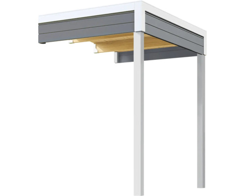 Dachanbau Gartenhaus Outdoor Life Felix 1,5/Fynn 1,5 150 x 200 cm graugrün Detailansicht einer Terrassenüberdachung mit Holzunterkonstruktion und Lamellendach