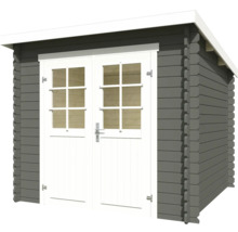 Graues Gartenhaus mit Doppeltür und Fenstern