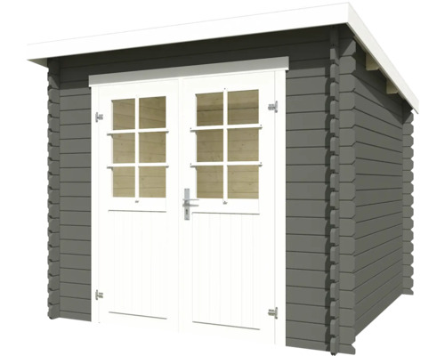 Graues Gartenhaus mit Doppeltür und Fenstern