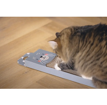 Katze kratzt an einem Kratzbrett aus Karton mit Katzenmotiv.