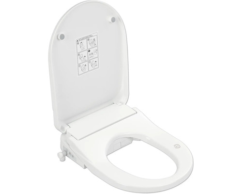Weißer Dusch-WC-Sitz mit geöffnetem Deckel.