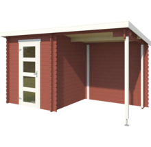 Holzgartenhaus mit Tür und überdachtem Bereich