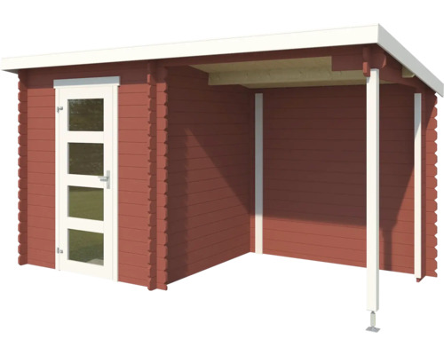 Holzgartenhaus mit Tür und überdachtem Bereich