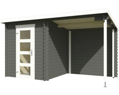 Gartenhaus mit Tür und überdachter Terrasse