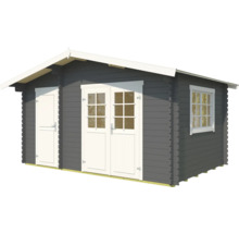 Abri de jardin en bois gris avec fenêtre et double porte