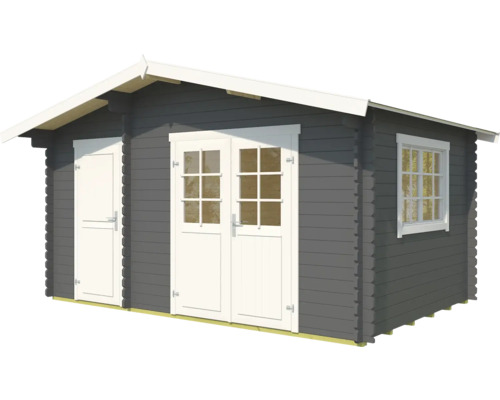 Abri de jardin en bois gris avec fenêtre et double porte