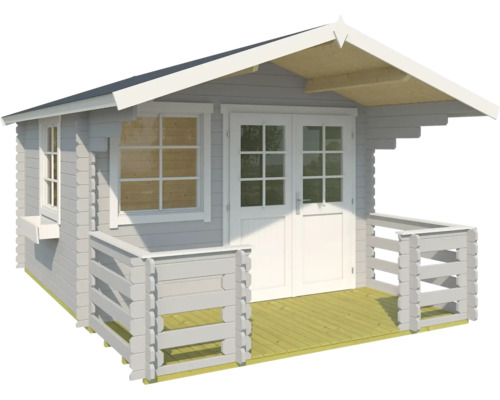 Graues Gartenhaus mit Fenster und Doppeltür