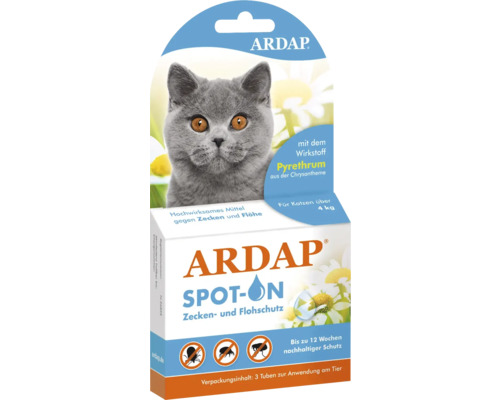 Protection contre les tiques et les puces ARDAP Spot-On pour chats de plus de 4 kg ARDAP Spot-On Protection contre les tiques et les puces pour chats de plus de 4 kg, paquet de 3 tubes