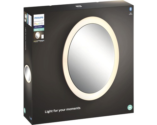 Emballage d'un miroir de salle de bain rond Philips Hue White Ambiance avec éclairage