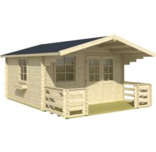 Blockbohlenhaus mit Fenstern, Doppeltür und kleinem Vordach