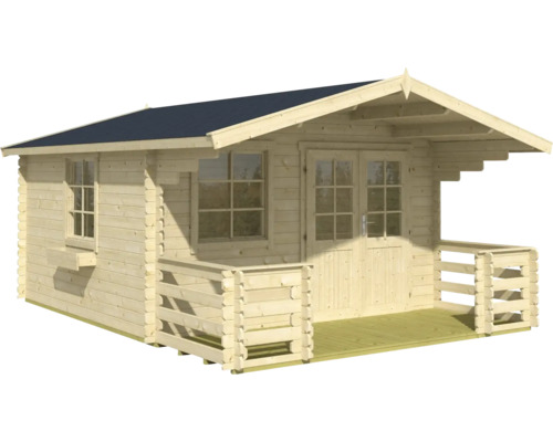 Blockbohlenhaus mit Fenstern, Doppeltür und kleinem Vordach