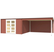 Holzgartenhaus mit Doppeltür und offenem Anbau