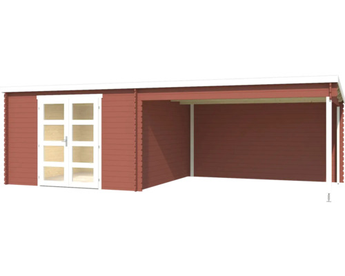 Holzgartenhaus mit Doppeltür und offenem Anbau