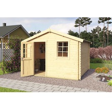 Holzgartenhaus mit Fenster und offener Tür im Garten