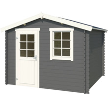 Graues Gartenhaus mit Tür und Fenster