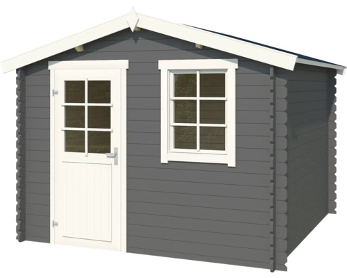 Graues Gartenhaus mit Tür und Fenster