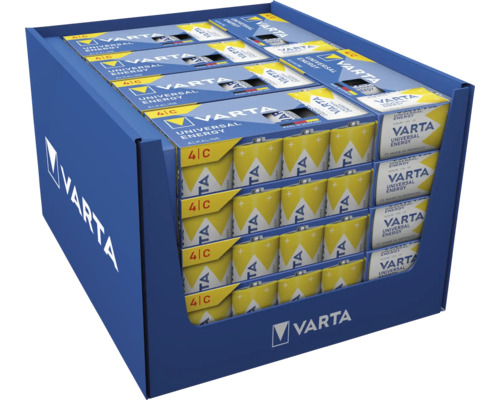Piles alcalines Varta Universal Energy dans un carton présentoir