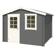 Graues Gartenhaus mit Fenster und Tür