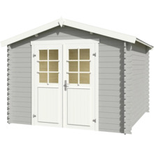 Graues Gartenhaus mit Doppeltür