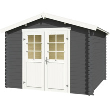 Graues Gartenhaus mit Doppeltür und Fenstern