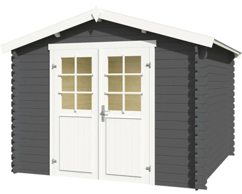 Graues Gartenhaus mit Doppeltür und Fenstern