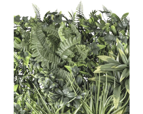 Gros plan d''une haie artificielle avec diverses feuilles vertes et fougères.