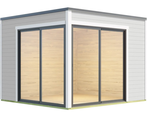 Modernes Gartenhaus mit Schiebetüren aus Glas