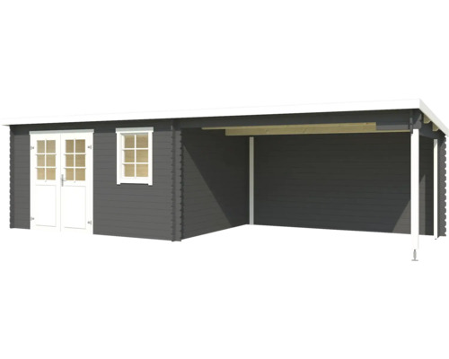 Holzgartenhaus mit Doppeltür, Fenster und Anbau