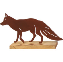 Figurine décorative renard en métal sur socle en bois