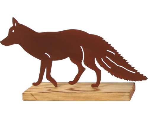 Figurine décorative renard en métal sur socle en bois