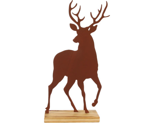 Figurine décorative cerf en métal sur socle en bois