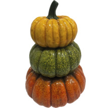 Citrouilles décoratives empilées en jaune, vert et orange