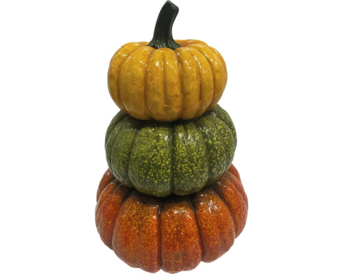 Citrouilles décoratives empilées en jaune, vert et orange