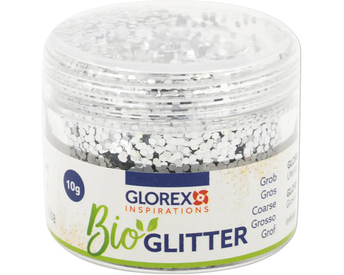Bio Glitter grob silberfarben 10 g Glas mit grobem, silberfarbenem Bio-Glitter von Glorex Inspirations, 10g