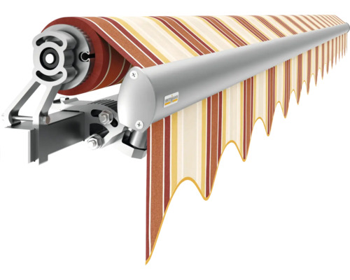 Markise mit braunen und hellen Streifen