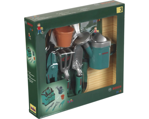 Bosch Mini Gartenset im Karton mit Gartengeräten, Gießkanne, Pflanztopf und Gartentasche